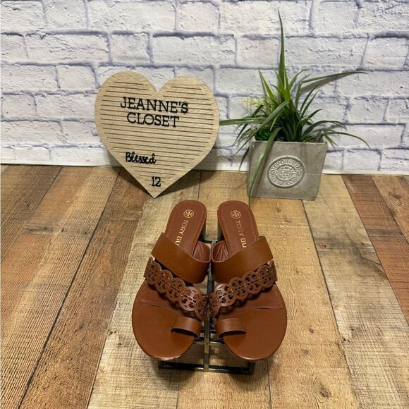 Tory Burch Tiny Miller Toe Ring High Block Sandals size 9 brown leather - Picture 2 of 12